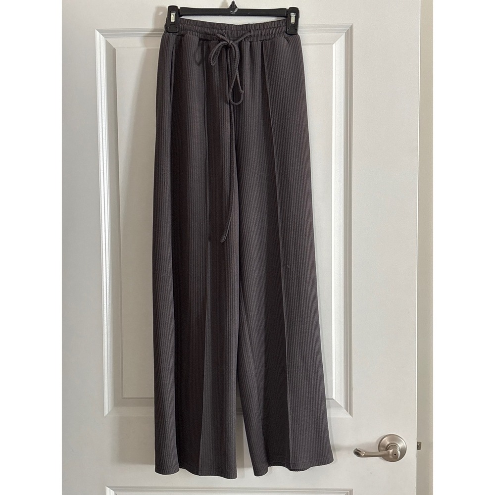 Cider Charcoal Grey Ribbed High Waisted Wide Leg Drawstring Pants XS